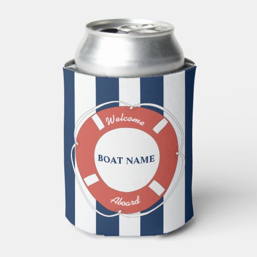 Nautical Blue Striped Welcome Aboard Boat Name Can Cooler
