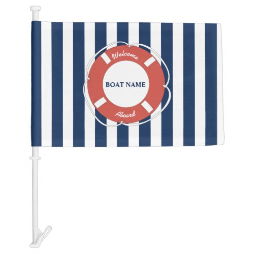 Nautical Blue Striped Welcome Aboard Boat Name  Car Flag