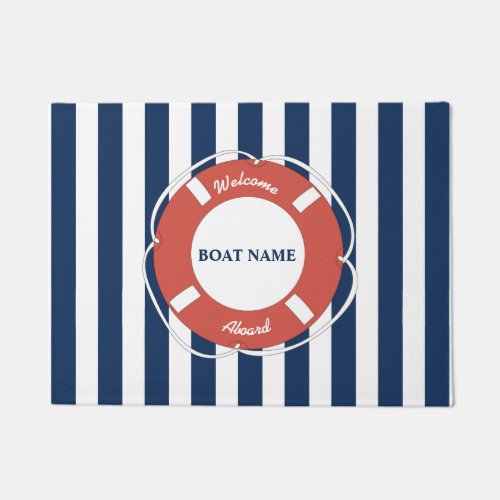 Nautical Blue Striped Welcome Aboard Boat Name Doormat