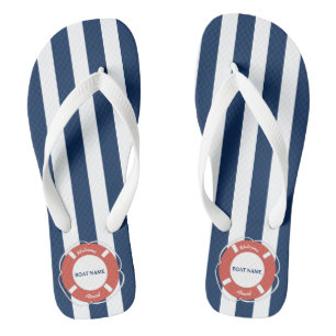 Nautical Blue Striped Welcome Aboard Boat Name Flip Flops