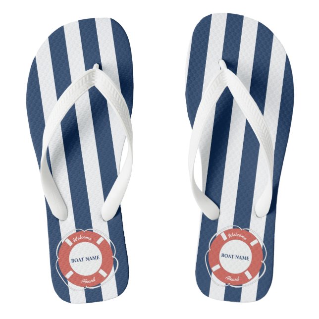 Nautical Blue Striped Welcome Aboard Boat Name Flip Flops (Footbed)