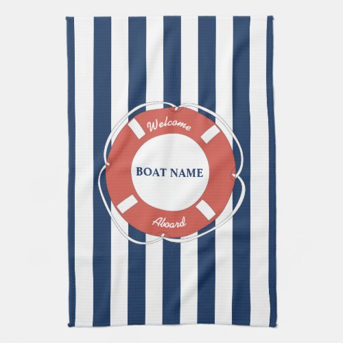 Nautical Blue Striped Welcome Aboard Boat Name  Kitchen Towel