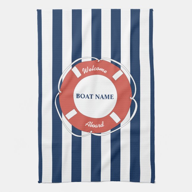 Nautical Blue Striped Welcome Aboard Boat Name  Kitchen Towel (Vertical)