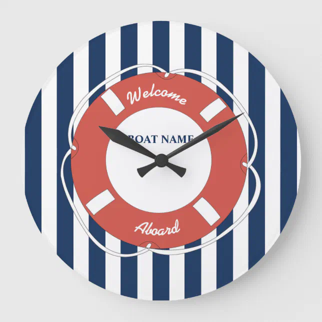 Nautical Blue Striped Welcome Aboard Boat Name Large Clock | Zazzle