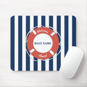 Nautical Blue Striped Welcome Aboard Boat Name Mouse Pad
