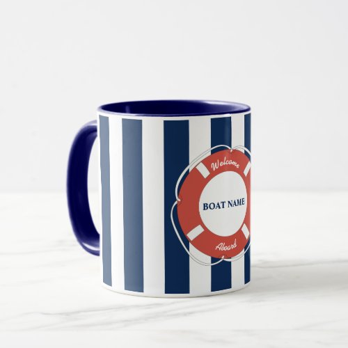 Nautical Blue Striped Welcome Aboard Boat Name  Mug