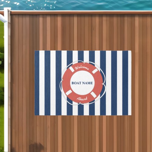 Nautical Blue Striped Welcome Aboard Boat Name Outdoor Rug