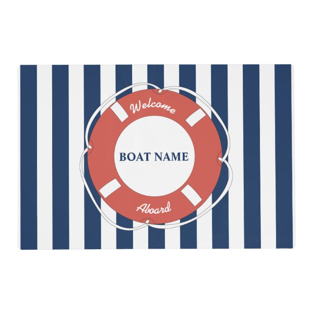 Nautical Blue Striped Welcome Aboard Boat Name  Placemat (Front)