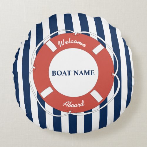 Nautical Blue Striped Welcome Aboard Boat Name Round Pillow