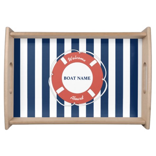 Nautical Blue Striped Welcome Aboard Boat Name Serving Tray