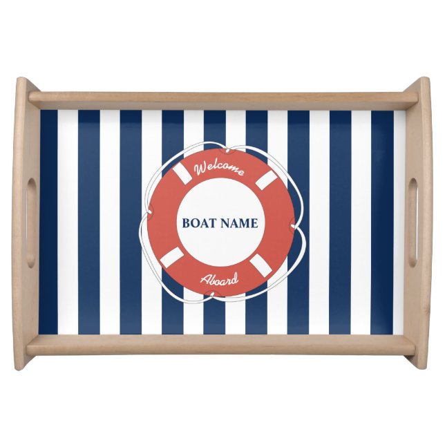 Nautical Blue Striped Welcome Aboard Boat Name Serving Tray (Front)