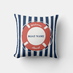 Nautical Blue Striped Welcome Aboard Boat Name Throw Pillow
