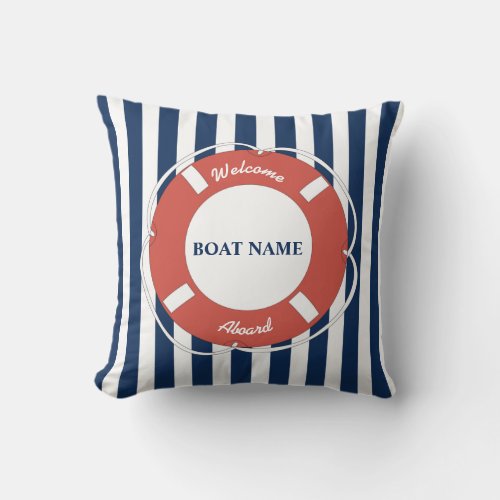 Nautical Blue Striped Welcome Aboard Boat Name Throw Pillow