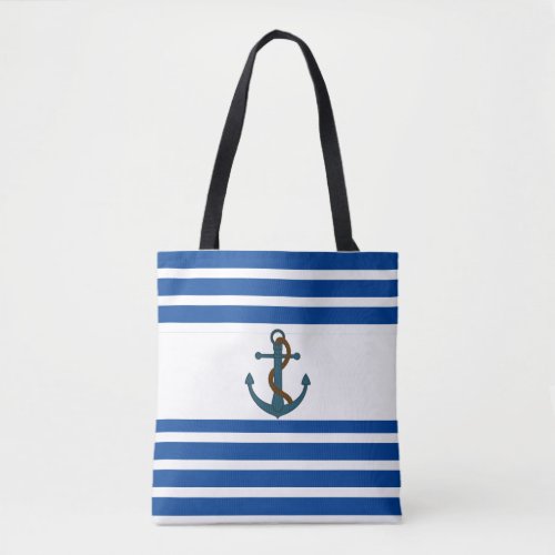Nautical Blue Striped with Anchor SailingBeach Tote Bag