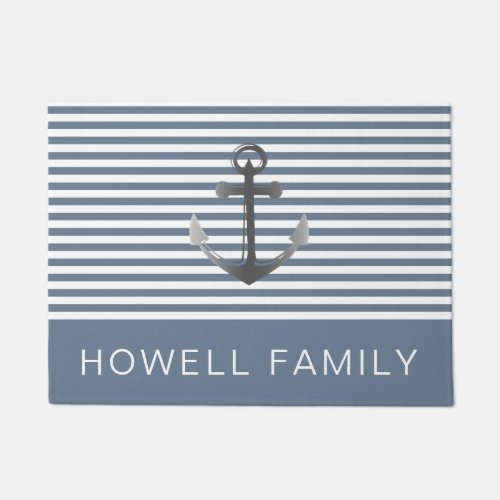 Nautical Blue Stripes Anchor Custom Name Doormat