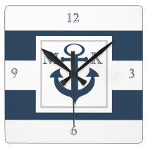 Nautical Blue Stripes and Anchor with Monogram Square Wall Clock