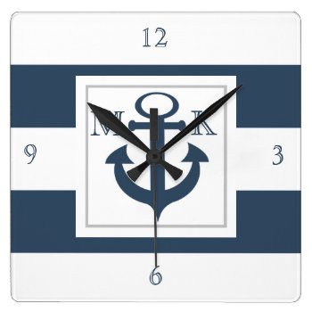 Nautical Blue Stripes And Anchor With Monogram Square Wall Clock by tshirtmeshirt at Zazzle