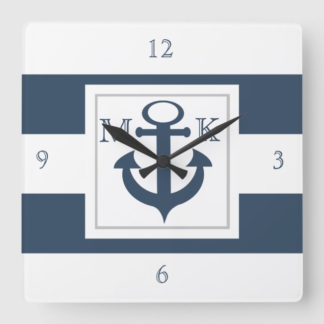 Nautical Blue Stripes and Anchor with Monogram Square Wall Clock (Front)
