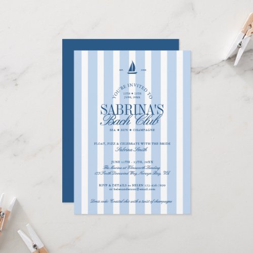 Nautical Blue Stripes Bachelorette Party  Invitation