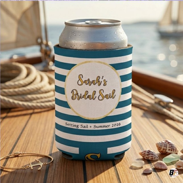 Nautical Blue Stripes Bridal Sail Bachelorette Can Cooler (Creator Uploaded)