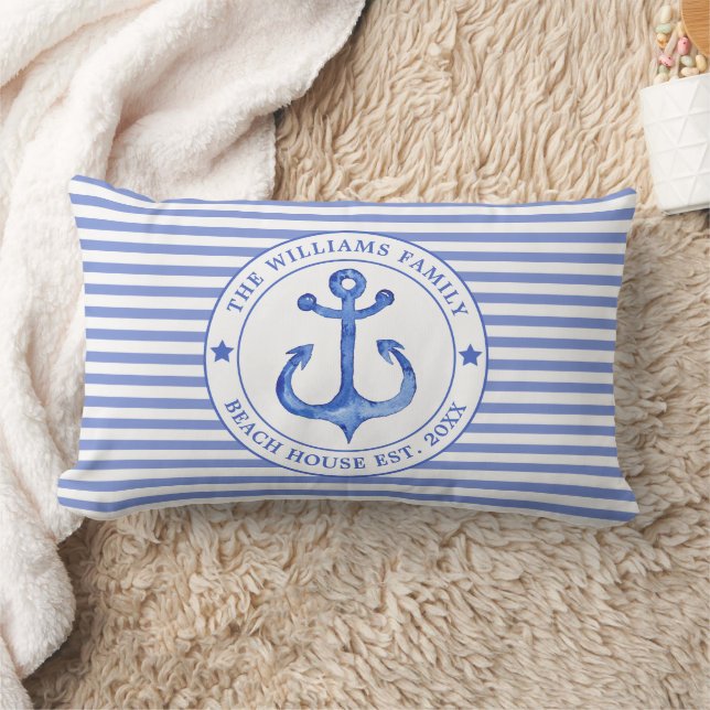 Nautical Blue Stripes - Family Beach House Lumbar Pillow (Blanket)