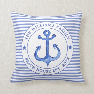 Nautical Blue Stripes - Family Beach House Throw Pillow