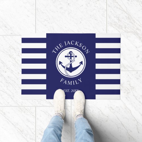 Nautical Blue Stripes Family Name Doormat