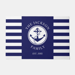 Nautical Blue Stripes Family Name Doormat