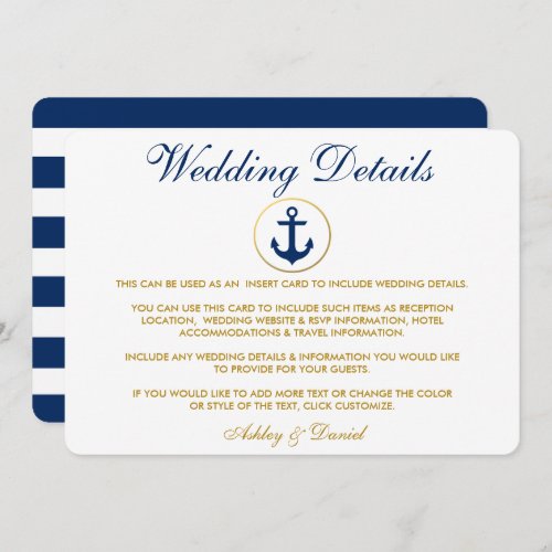 Nautical Blue Stripes Gold Wedding Details Insert Invitation