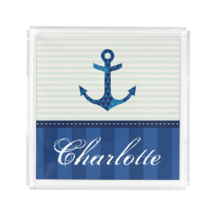 Nautical Blue Stripes Pattern Anchor Custom Name Acrylic Tray