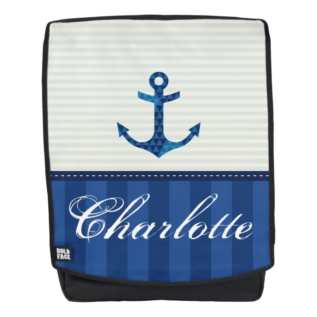 Nautical Blue Stripes Pattern Anchor Custom Name Backpack (Front)