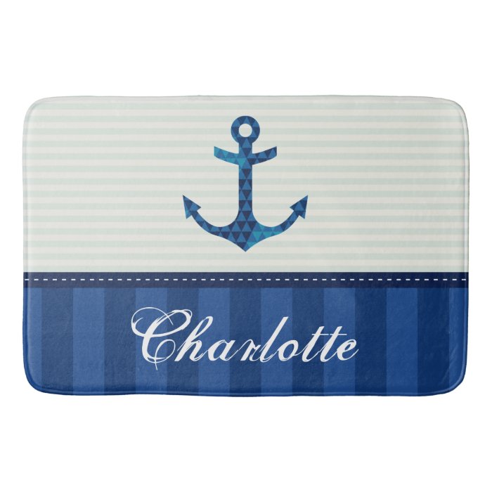 Nautical Blue Stripes Pattern Anchor Custom Name Bathroom Mat Zazzle