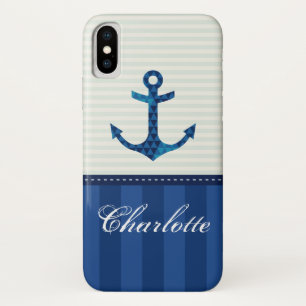 Nautical Blue Stripes Pattern Anchor Custom Name iPhone X Case