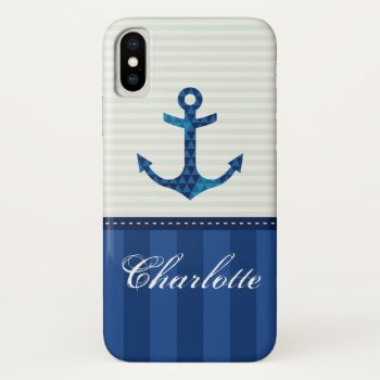 Nautical Blue Stripes Pattern Anchor Custom Name Iphone X Case by VintageDesignsShop at Zazzle