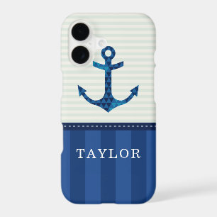 Nautical Blue Stripes Pattern Anchor Custom Name iPhone 17 Case