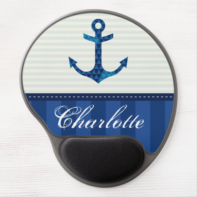 Nautical Blue Stripes Pattern Anchor Custom Name Gel Mouse Pad (Front)