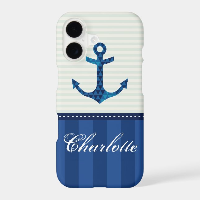 Nautical Blue Stripes Pattern Anchor Custom Name Iphone Case (Back)