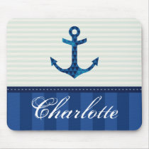 Nautical Blue Stripes Pattern Anchor Custom Name Mouse Pad
