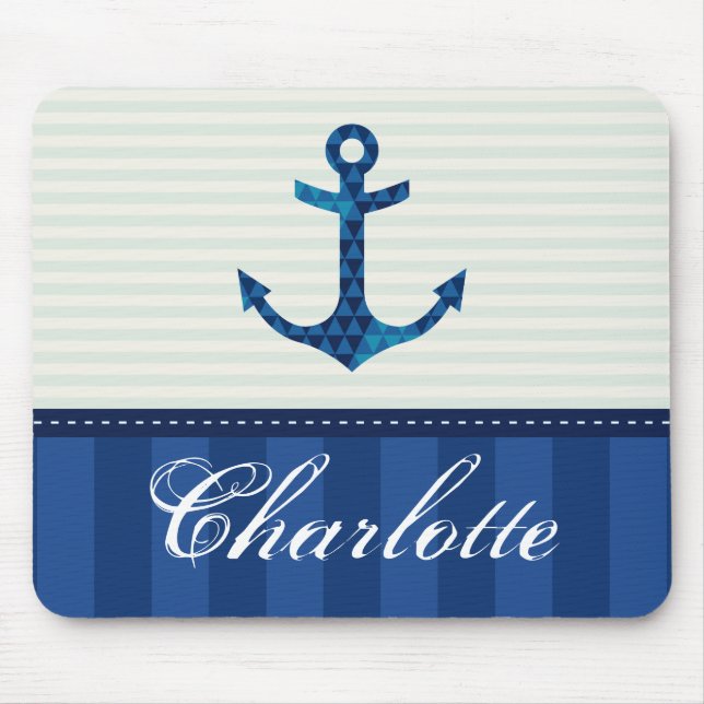 Nautical Blue Stripes Pattern Anchor Custom Name Mouse Pad (Front)