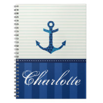 Nautical Blue Stripes Pattern Anchor Custom Name Notebook