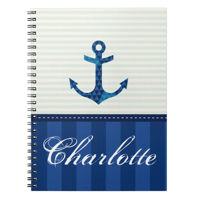 Nautical Blue Stripes Pattern Anchor Custom Name Notebook (Front)