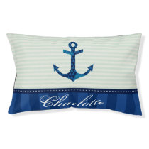 Nautical Blue Stripes Pattern Anchor Custom Name Pet Bed