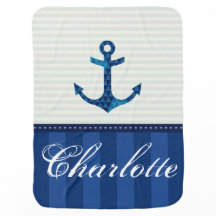 Nautical Blue Stripes Pattern Anchor Custom Name