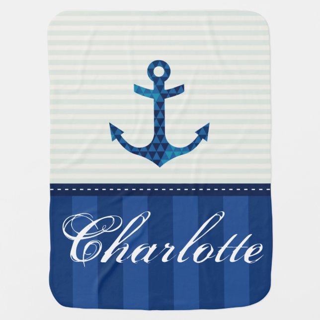 Nautical Blue Stripes Pattern Anchor Custom Name Receiving Blanket (Front)
