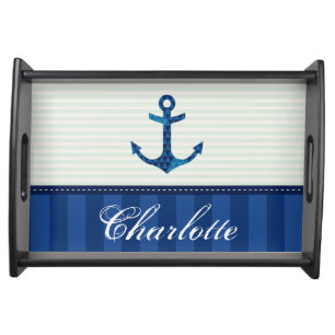 Nautical Blue Stripes Pattern Anchor Custom Name Serving Tray