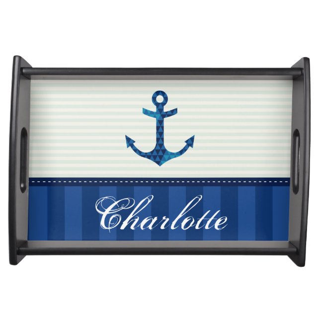 Nautical Blue Stripes Pattern Anchor Custom Name Serving Tray (Front)