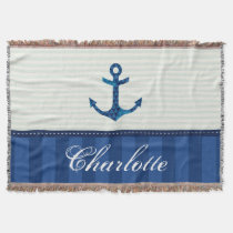 Nautical Blue Stripes Pattern Anchor Custom Name Throw Blanket