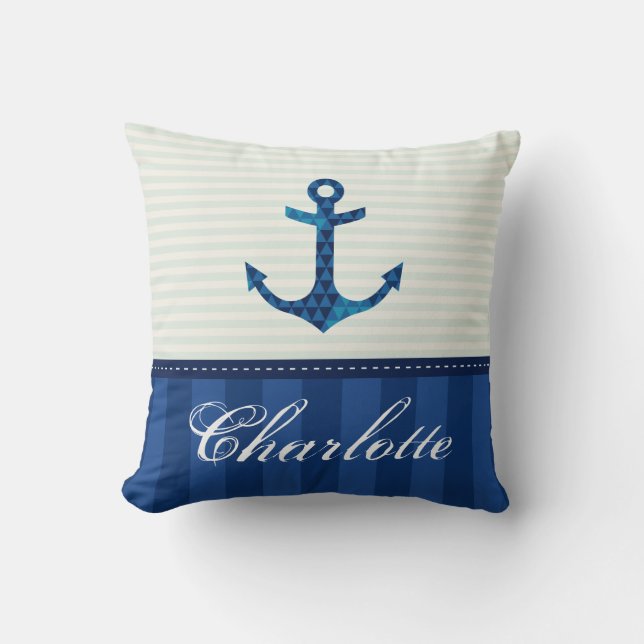 Nautical Blue Stripes Pattern Anchor Custom Name Throw Pillow (Front)