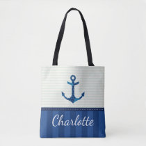 Nautical Blue Stripes Pattern Anchor Custom Name Tote Bag
