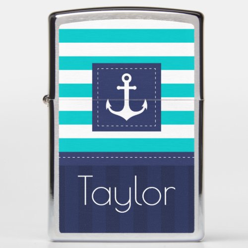 Nautical Blue Stripes Pattern Anchor Personalized Zippo Lighter